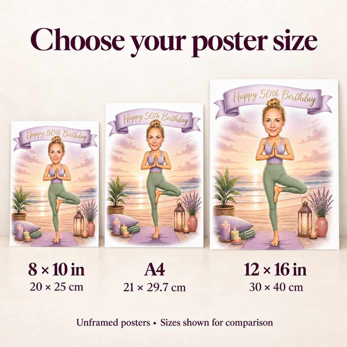 Poster size comparison showing 8x10, A4, and 12x16 yoga beach artwork.
