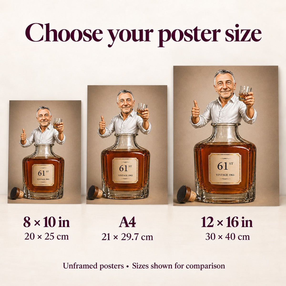Poster size comparison showing 8x10, A4 and 12x16 inch whiskey caricature prints.