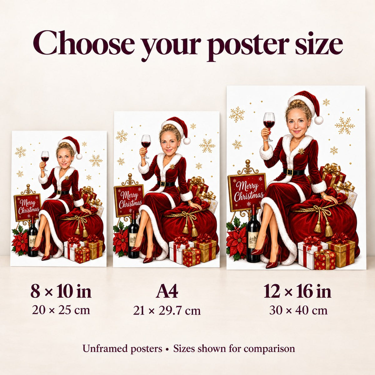 Poster size comparison of 8x10, A4, and 12x16 inches held in hands.