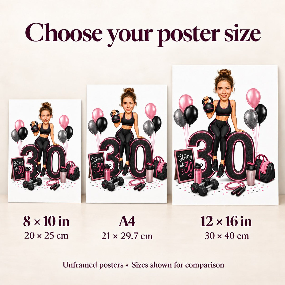 8x10, A4, and 12x16 posters shown together for easy size comparison.
