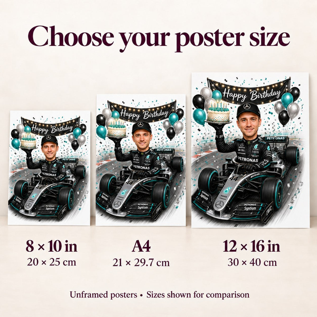 Poster sizes 8x10, A4 and 12x16 compared beside chair and plant for scale