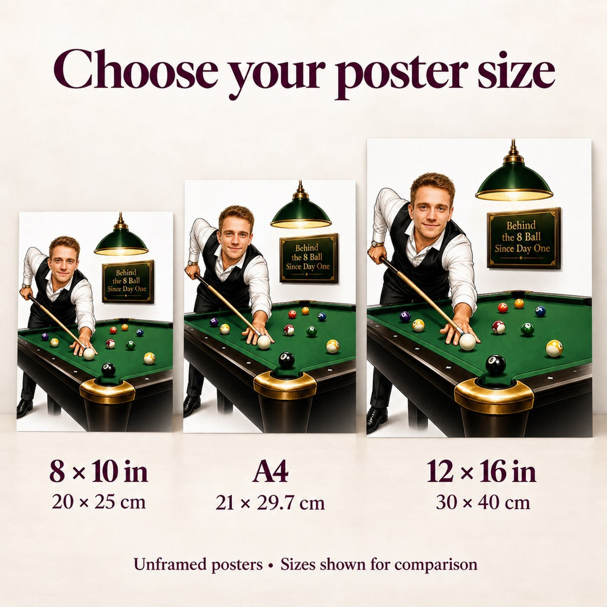 Poster sizes 8x10, A4, 12x16 compared on wall above sofa.