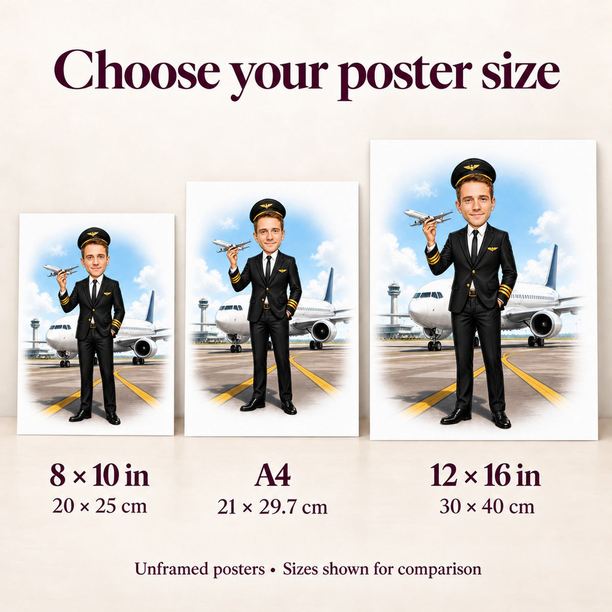 Size guide comparing 8x10, A4 and 12x16 inch posters held beside a person.