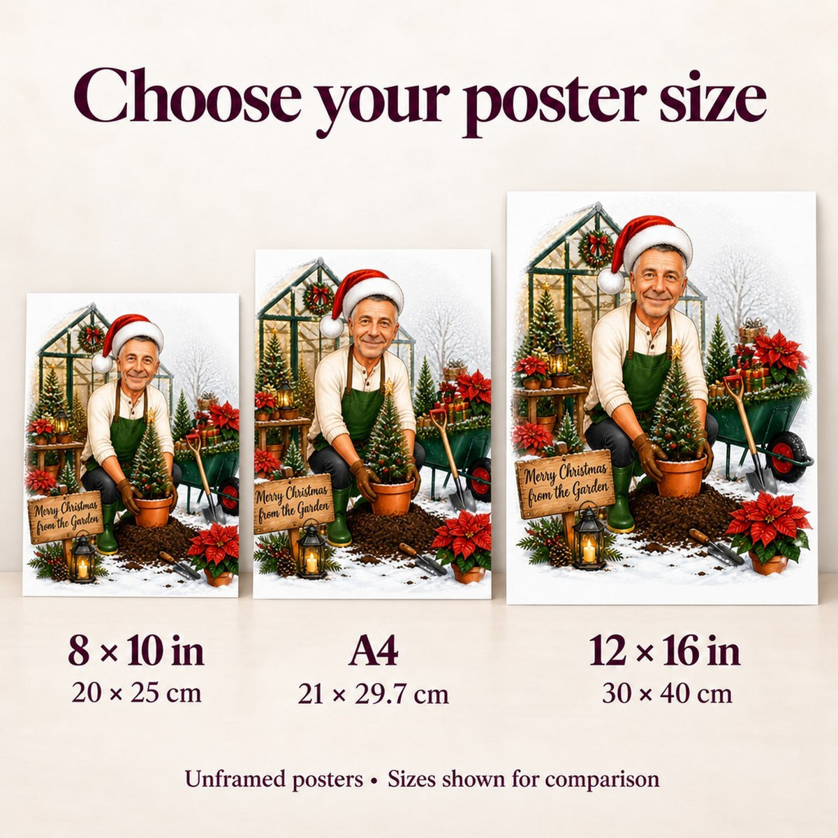 Poster sizes 8x10, A4, and 12x16 compared beside ruler and frame.