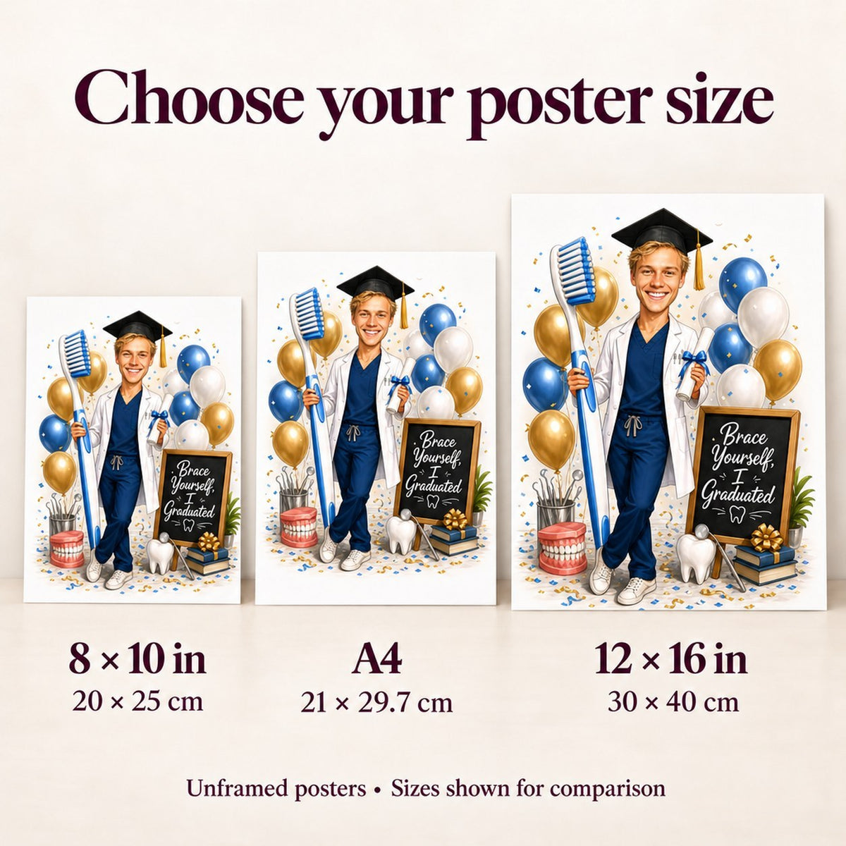 Poster size comparison showing 8x10, A4, and 12x16 dental graduation prints.