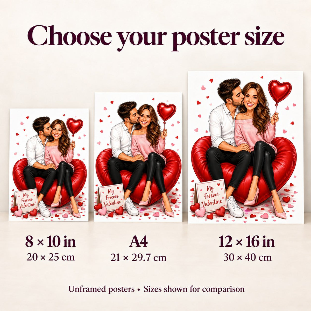 Posters in 8x10, A4, and 12x16 sizes displayed side by side.