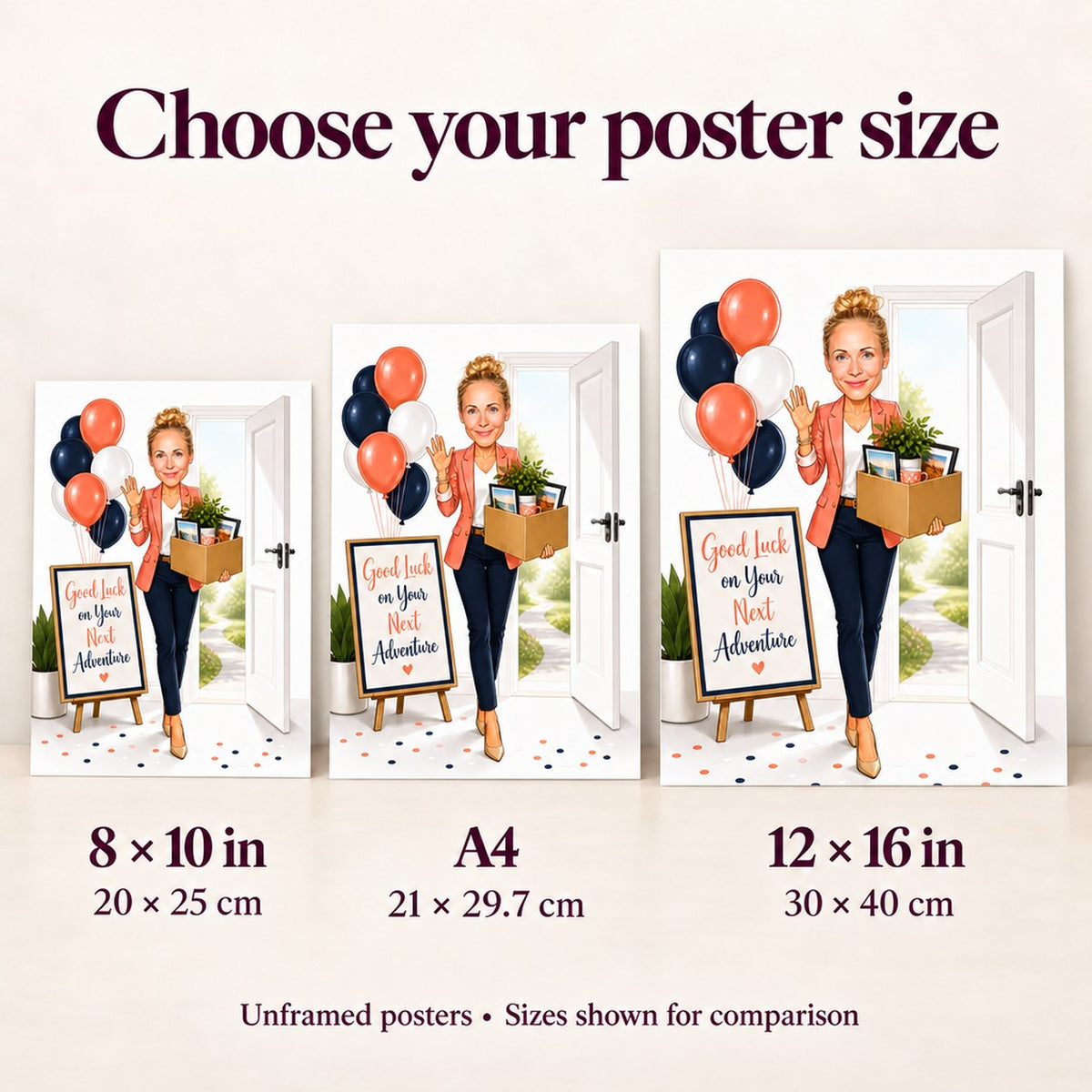 Posters in 8x10, A4, and 12x16 sizes shown for simple wall size comparison.