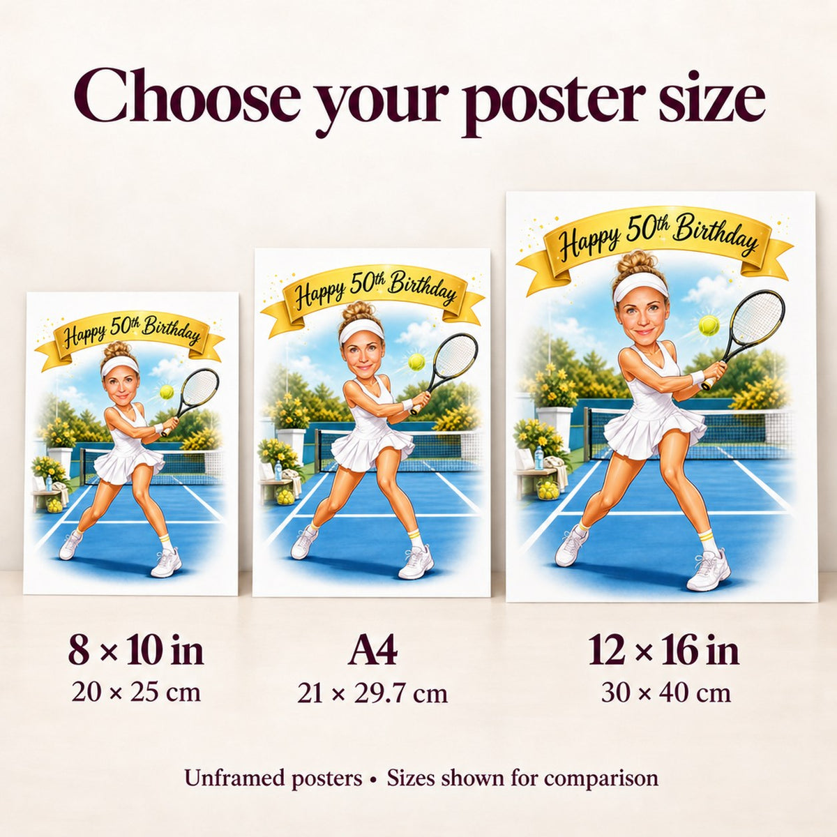 Matte poster sizes 8x10, A4, and 12x16 compared side by side