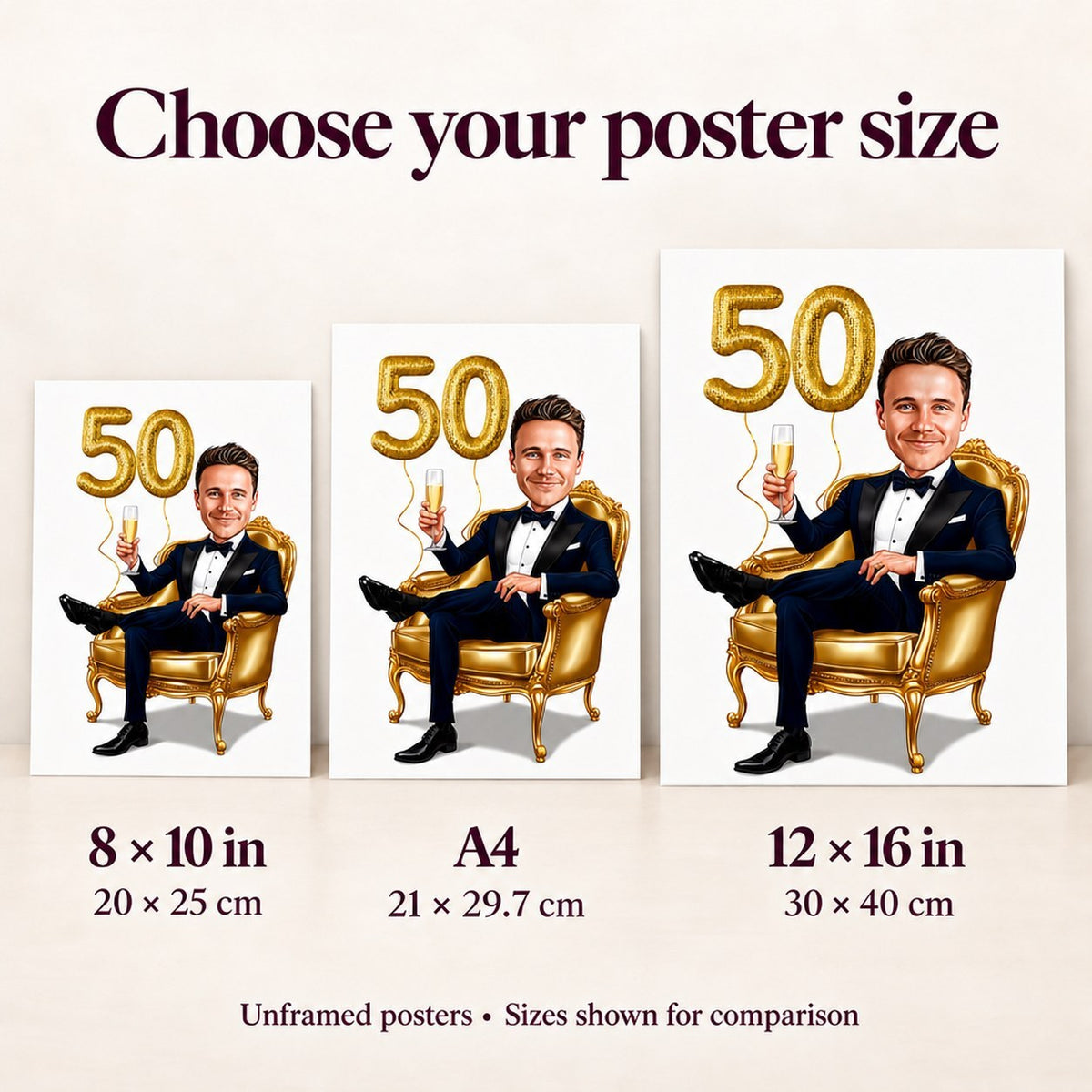 Poster size comparison showing 8x10, A4 and 12x16 prints held against wall