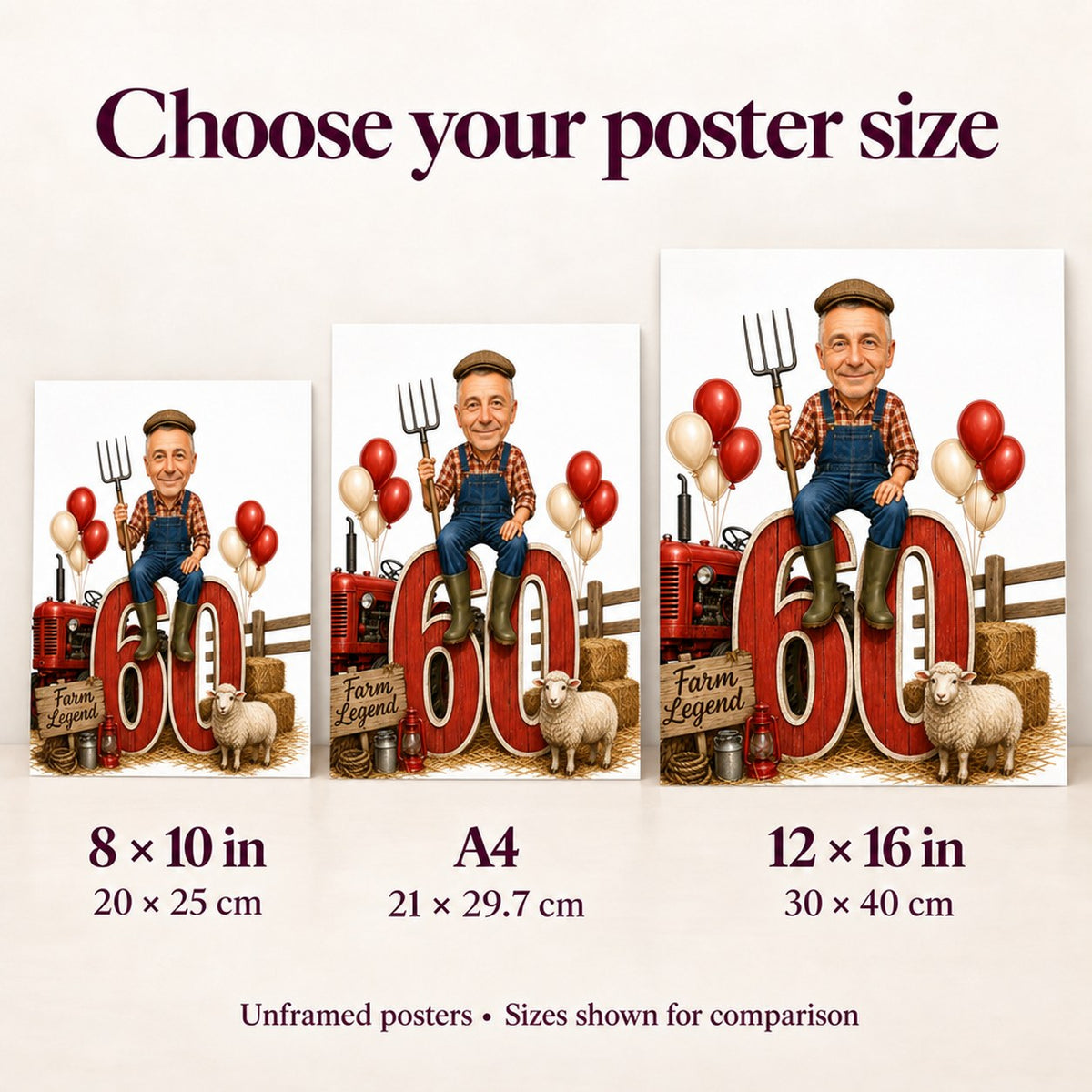 poster sizes 8x10, A4, and 12x16 compared on wall