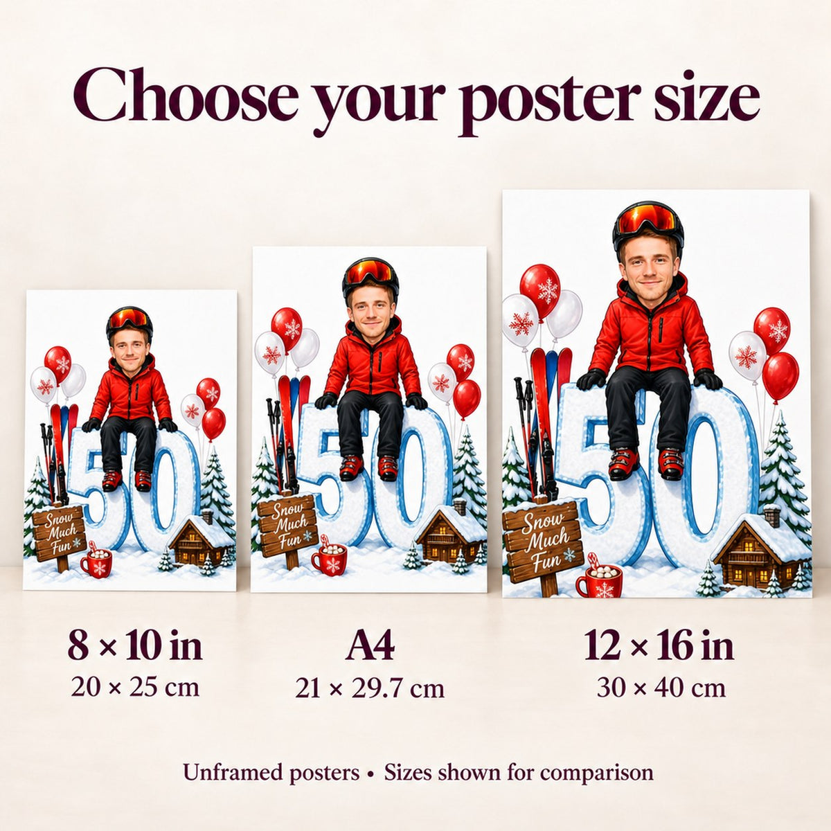 Poster sizes 8x10, A4, and 12x16 shown for scale on a wall