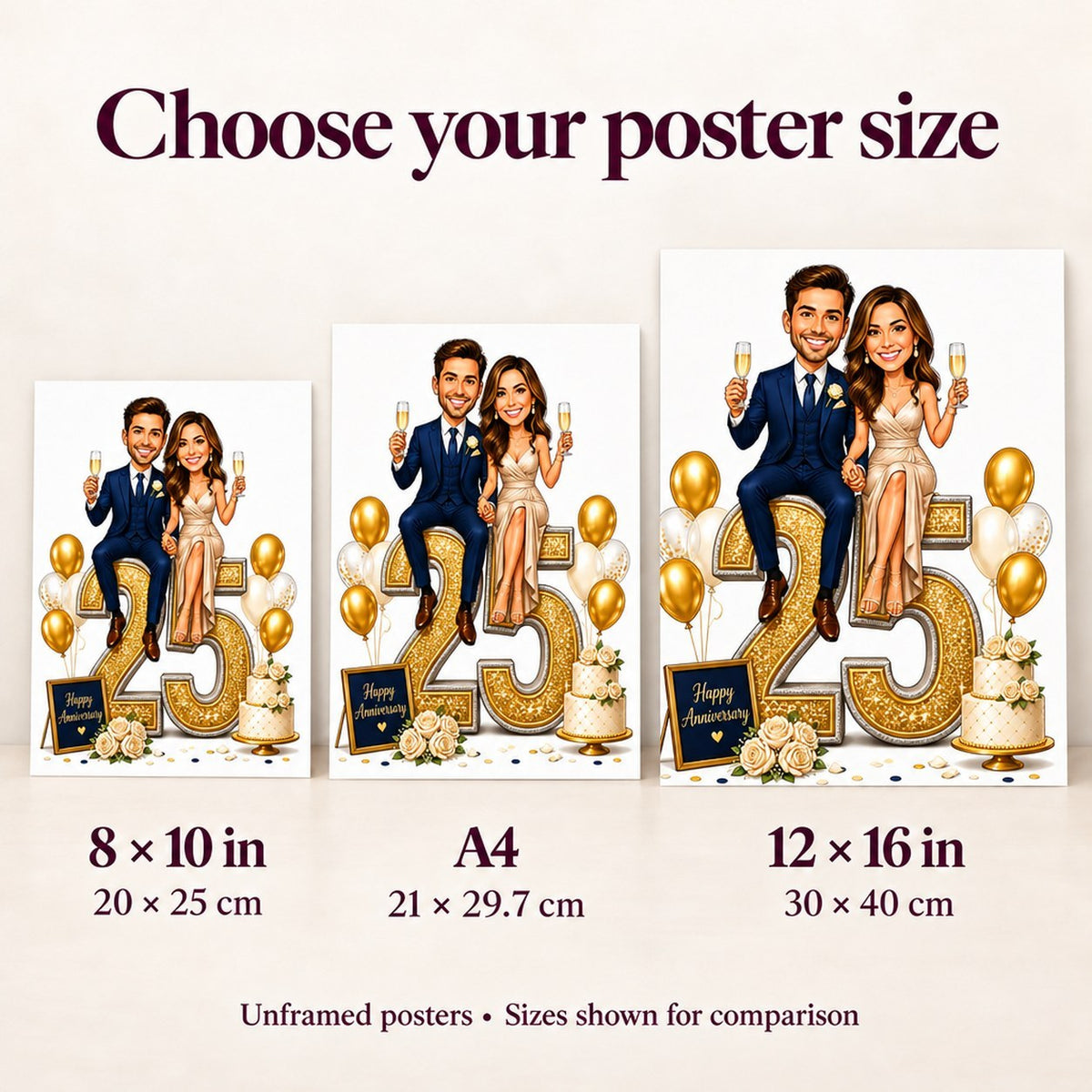 Poster sizes 8x10, A4, and 12x16 shown side-by-side for scale.