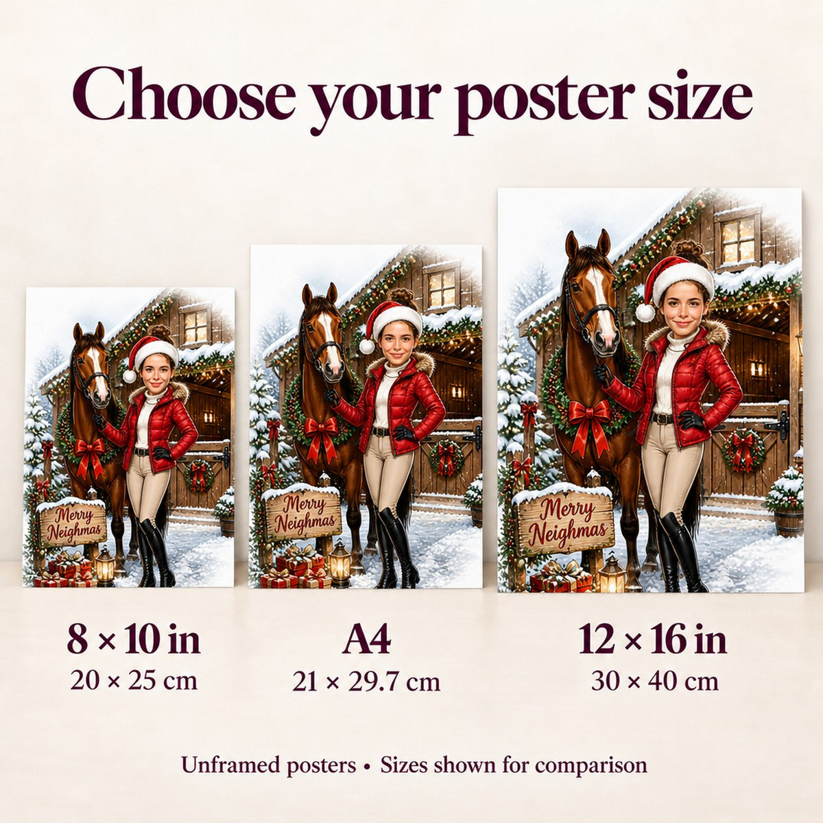 8x10, A4, and 12x16 poster sizes compared on wall above sofa.