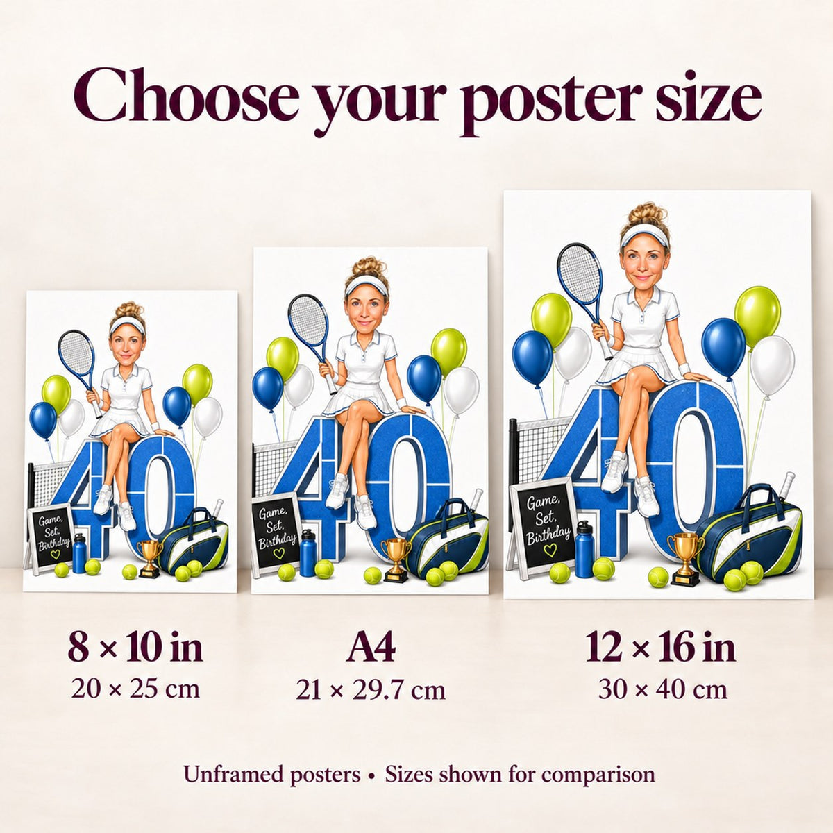 Poster size comparison: 8x10, A4, and 12x16 displayed against wall.
