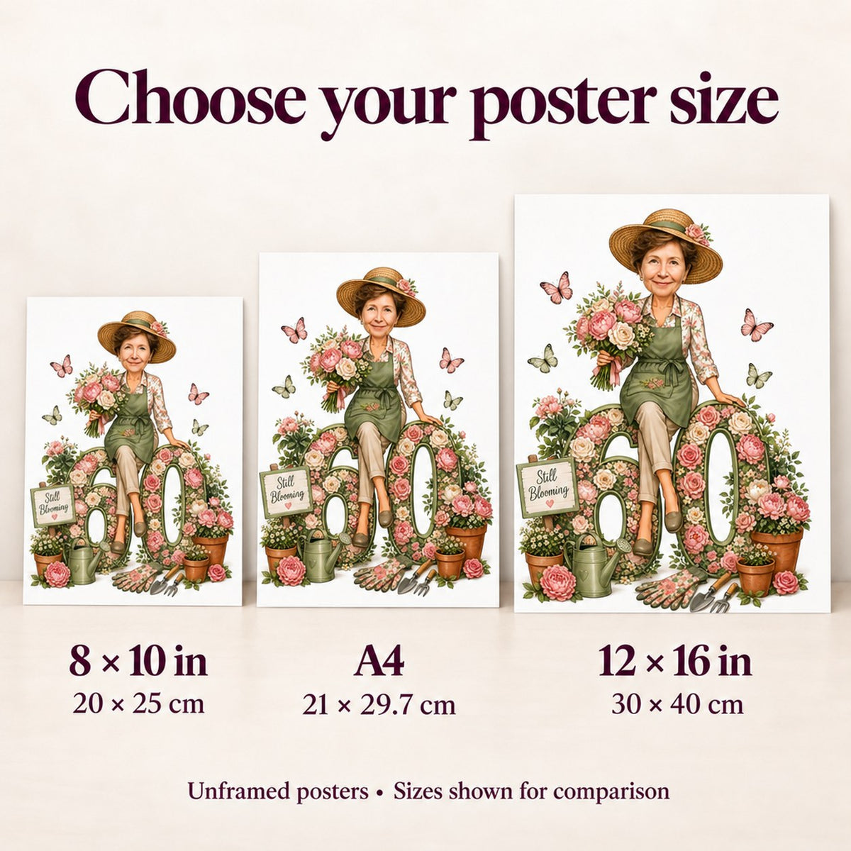 Poster size comparison: 8x10, A4, and 12x16 inches on a wall.