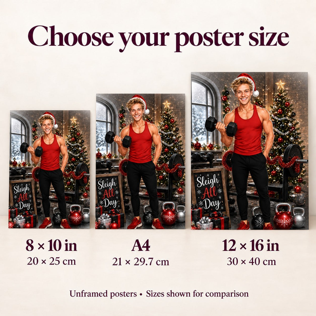 Poster sizes 8x10, A4, and 12x16 compared next to person for scale.