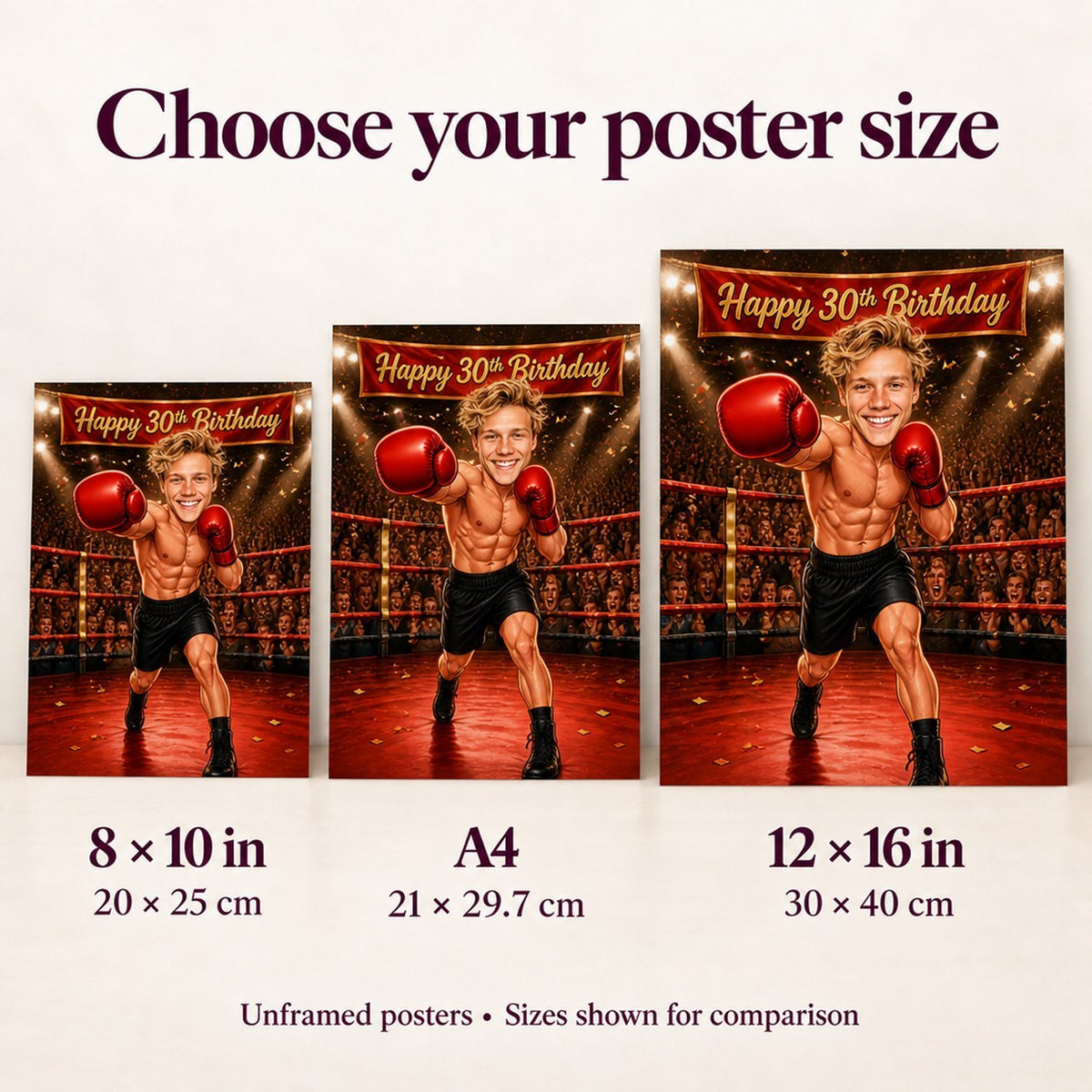 Poster size comparison for 8x10, A4, and 12x16 boxer birthday print.