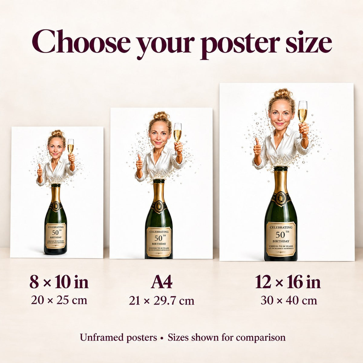 Poster size comparison 8x10, A4, and 12x16 beside person for scale