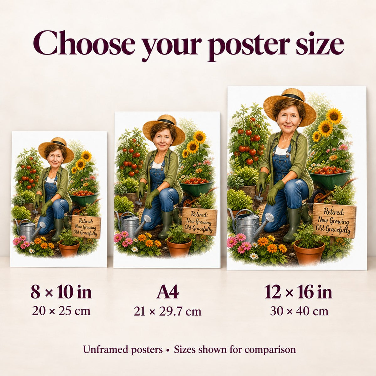 Poster size comparison for 8x10, A4, and 12x16 inches held against wall