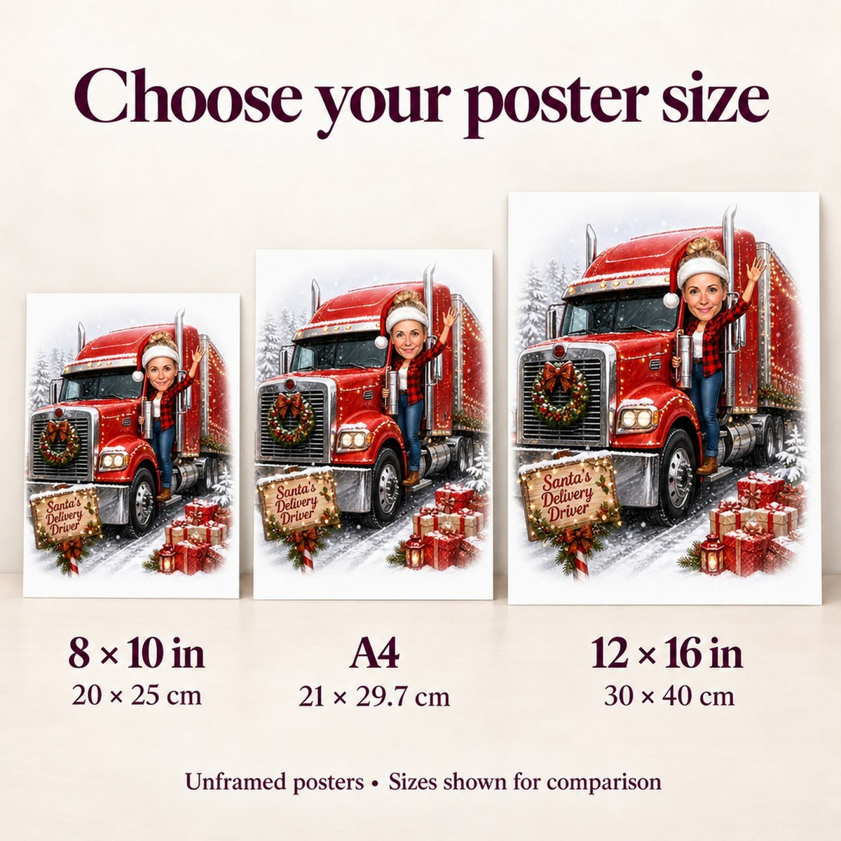 8x10, A4, and 12x16 posters shown side by side for size comparison.