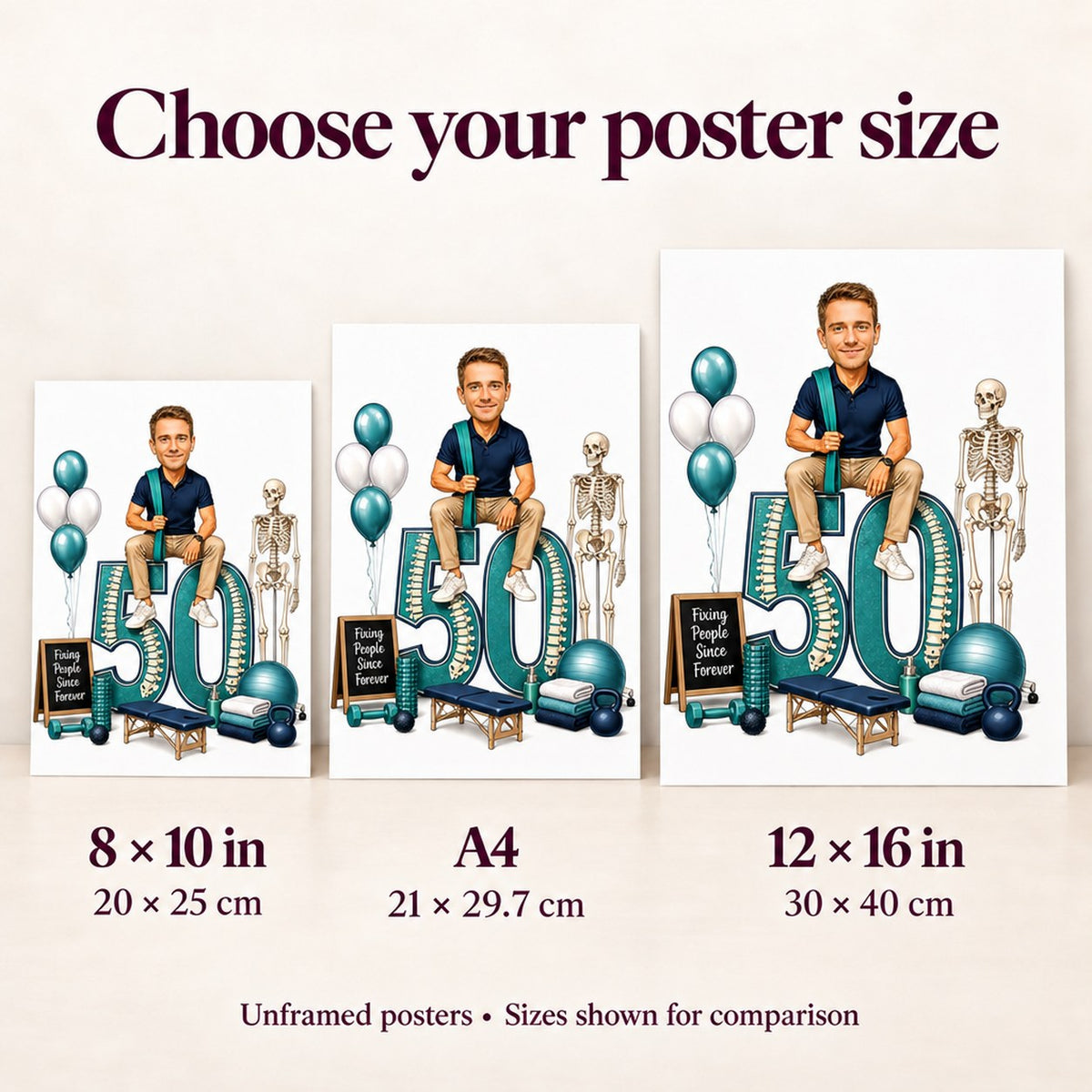 Unframed posters in 8x10, A4, and 12x16 inches shown for size comparison.