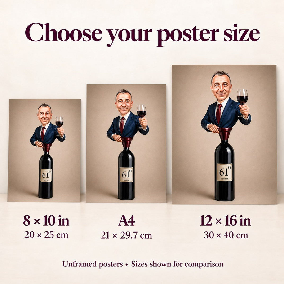 Poster size comparison: 8x10, A4, and 12x16 wine caricature prints on wall.