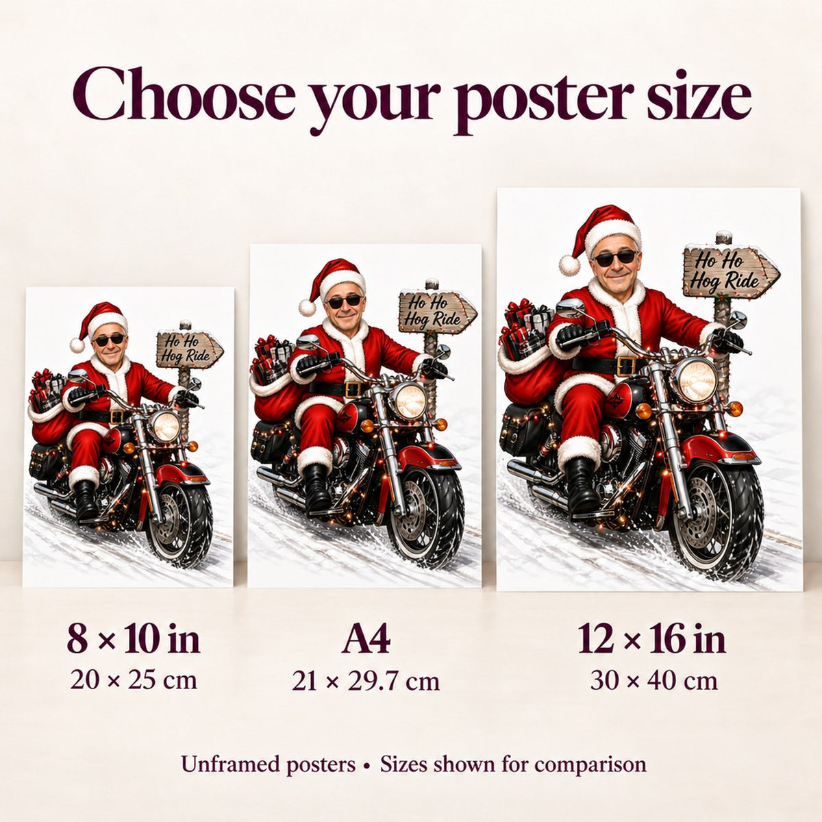 Posters shown in 8x10, A4, and 12x16 sizes for easy wall comparison.