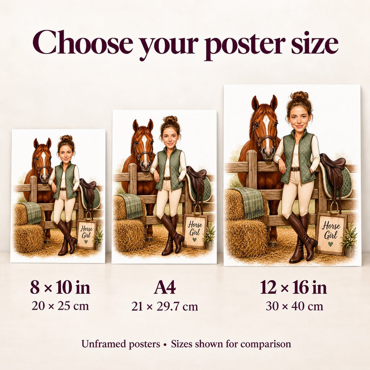 Poster size comparison showing 8x10, A4, and 12x16 prints held by hands.