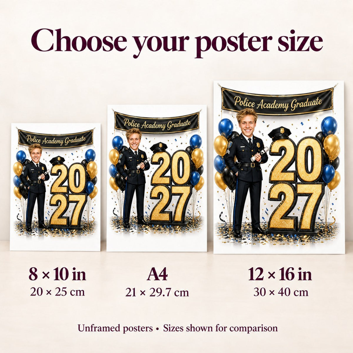 Matte posters in 8x10, A4, and 12x16 inches shown for size comparison on a wall.