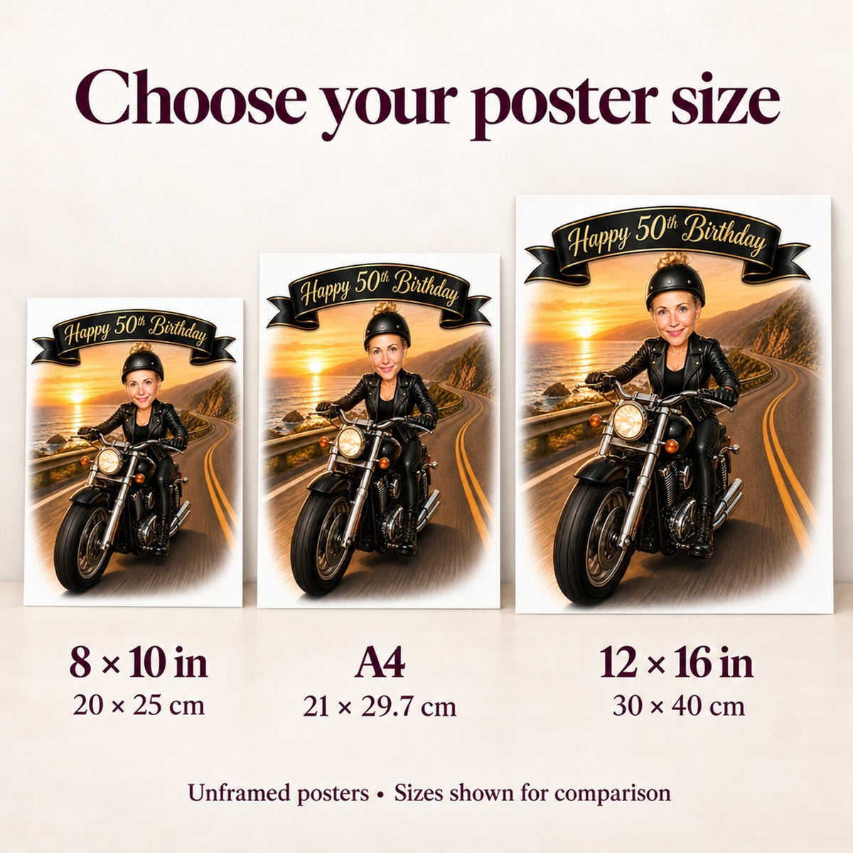 Poster size comparison showing 8x10, A4, and 12x16 motorcycle caricature prints