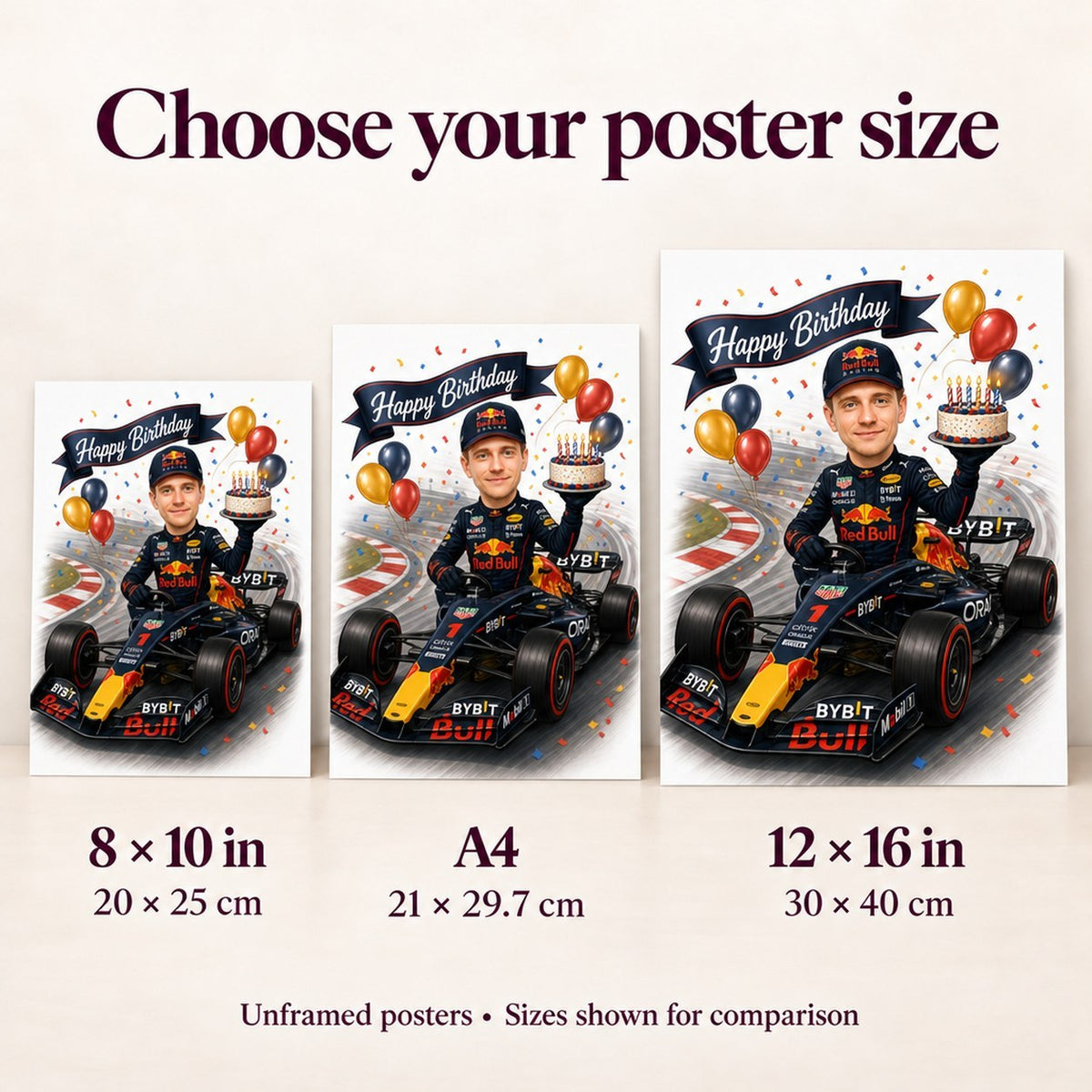 Poster size comparison of 8x10, A4, and 12x16 prints next to frame.