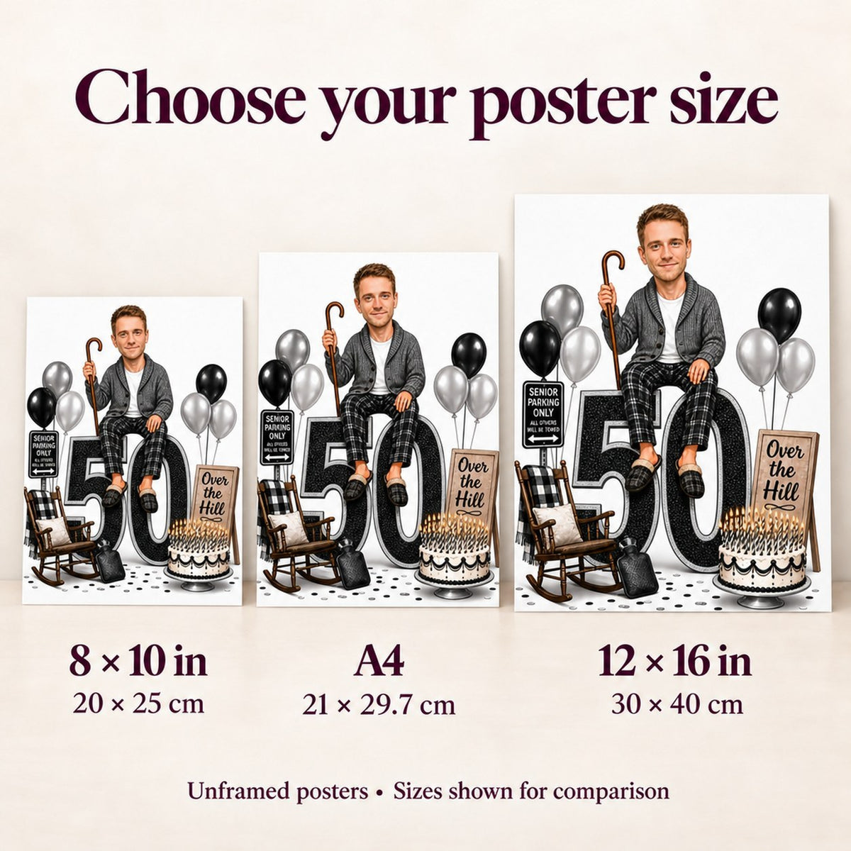 Poster size comparison 8x10, A4, 12x16 beside 5x7 card.