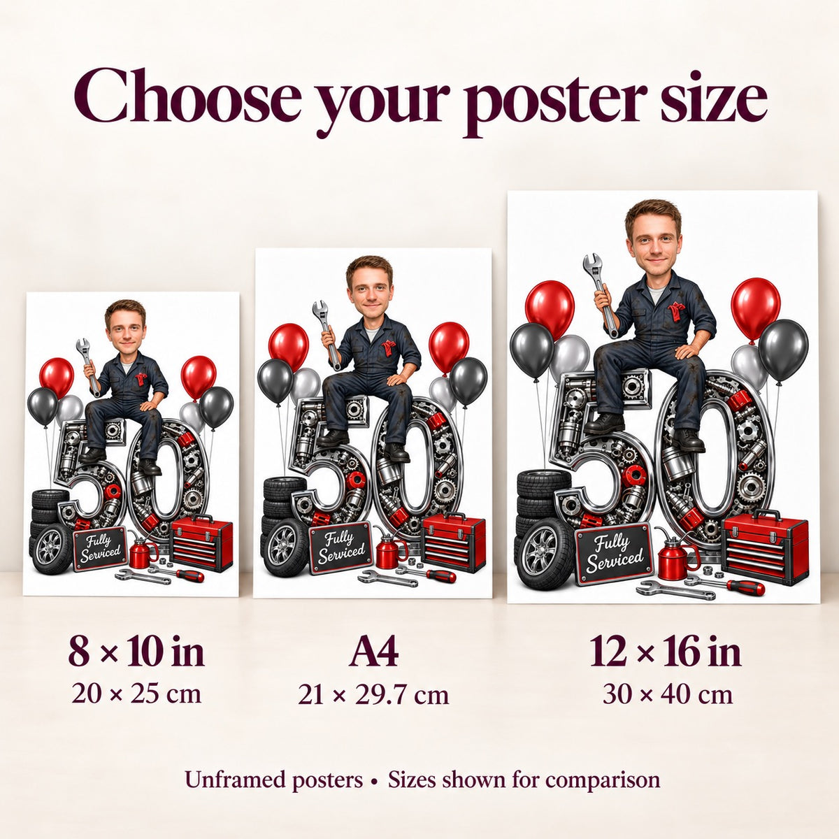 Poster size comparison showing 8x10, A4, and 12x16 prints in hands.