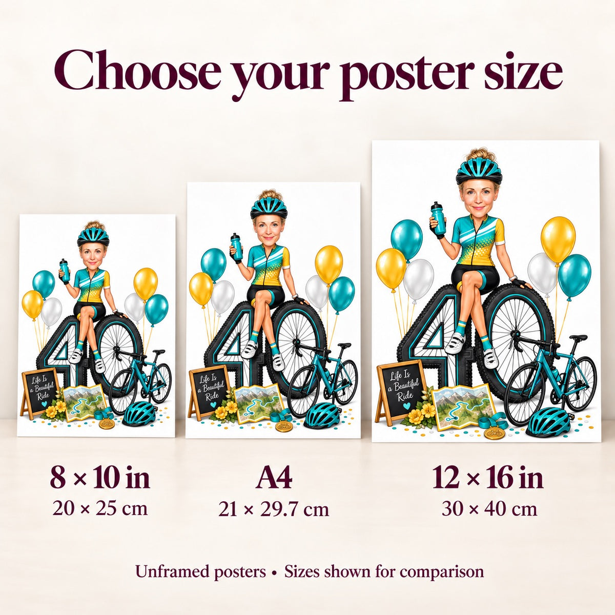 Poster size comparison showing 8x10, A4, and 12x16 on a wall