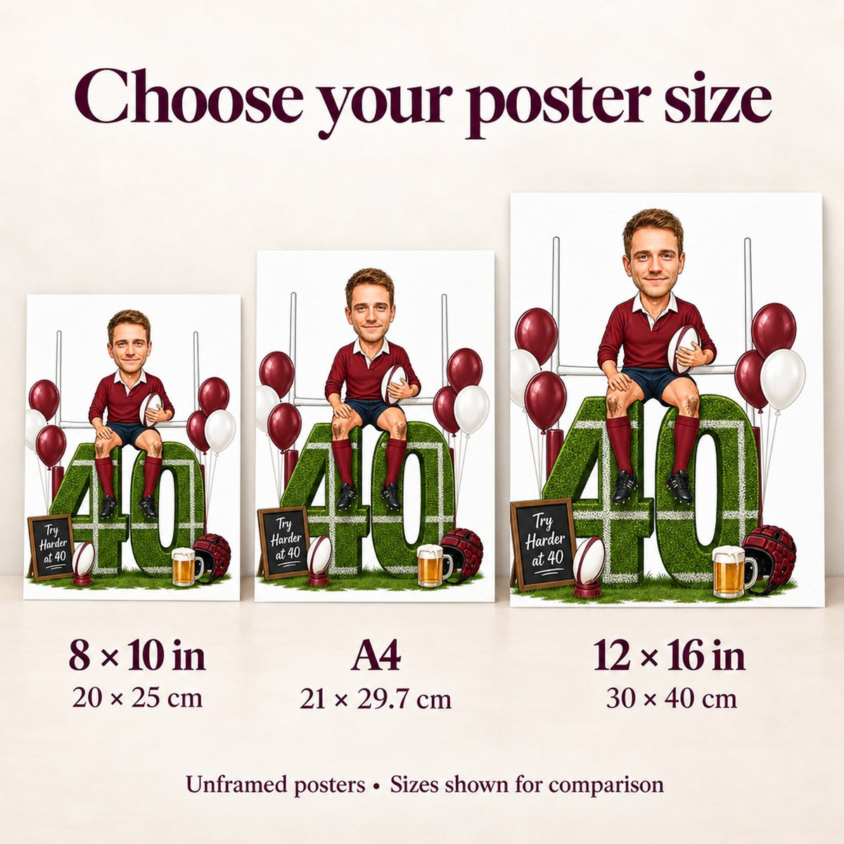 Poster sizes 8x10, A4, and 12x16 shown side by side for scale.