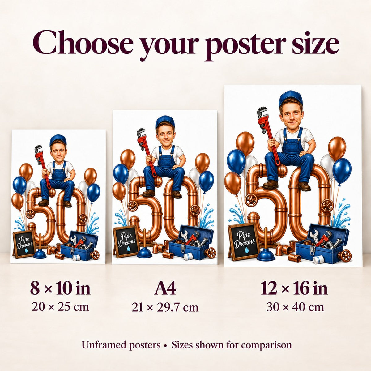 Poster size comparison 8x10, A4, and 12x16 held against wall