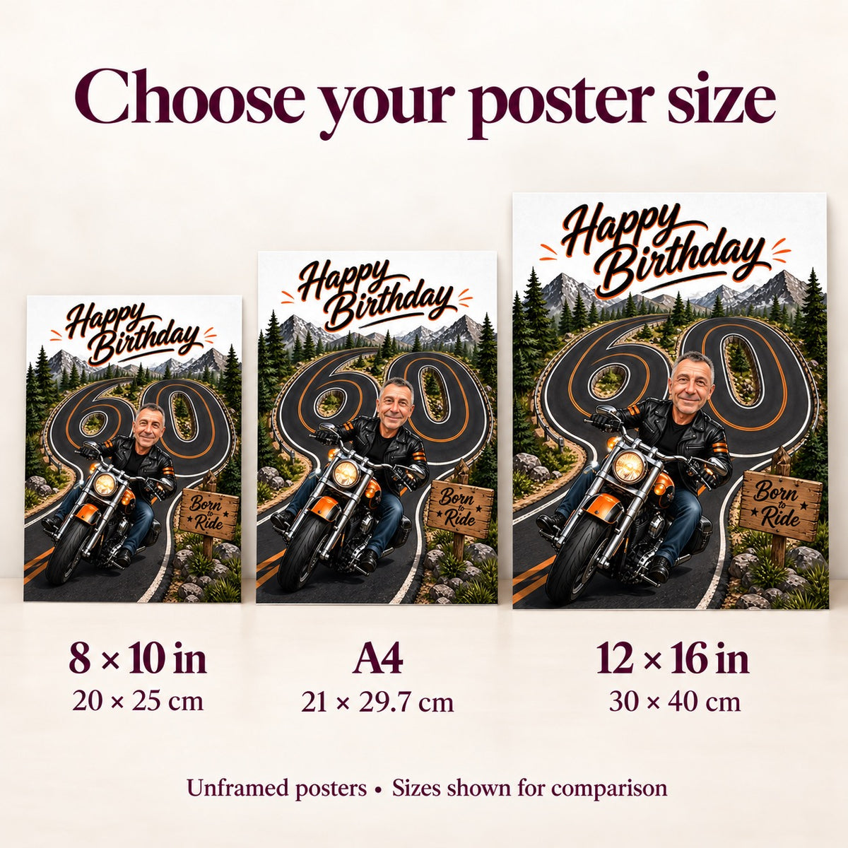 Poster size comparison showing 8x10, A4, and 12x16 motorcycle birthday artwork.