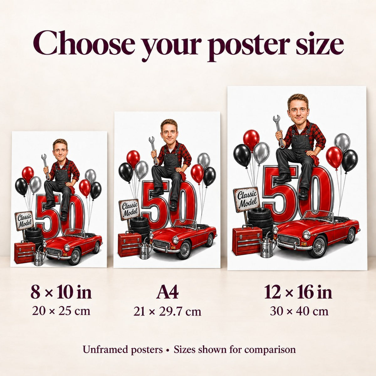 Poster size comparison showing 8x10, A4, and 12x16 formats on wall.