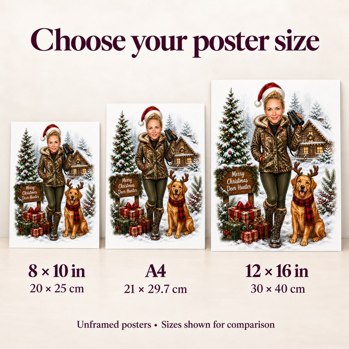 Poster sizes 8x10, A4, and 12x16 compared against person for scale.
