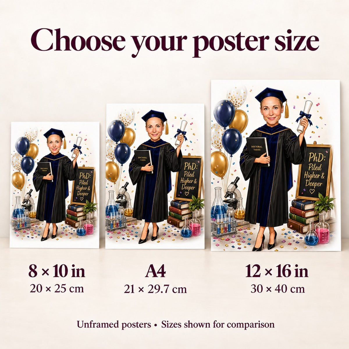8x10, A4, and 12x16 posters displayed on a wall for size comparison