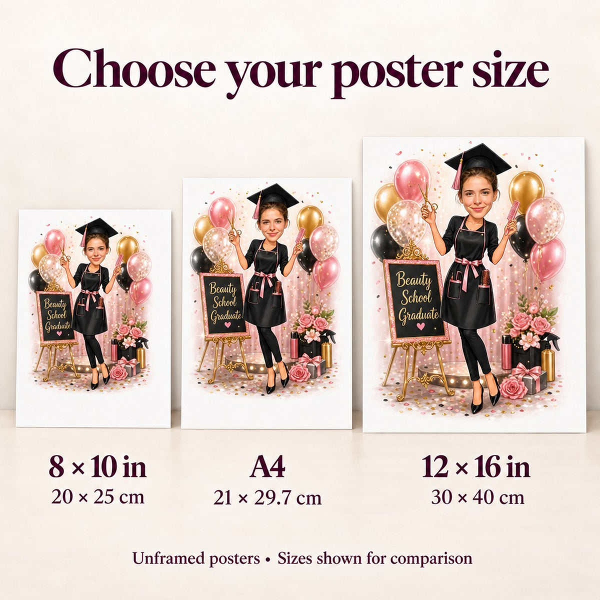 Matte poster size comparison: 8x10, A4, and 12x16 inches on wall.