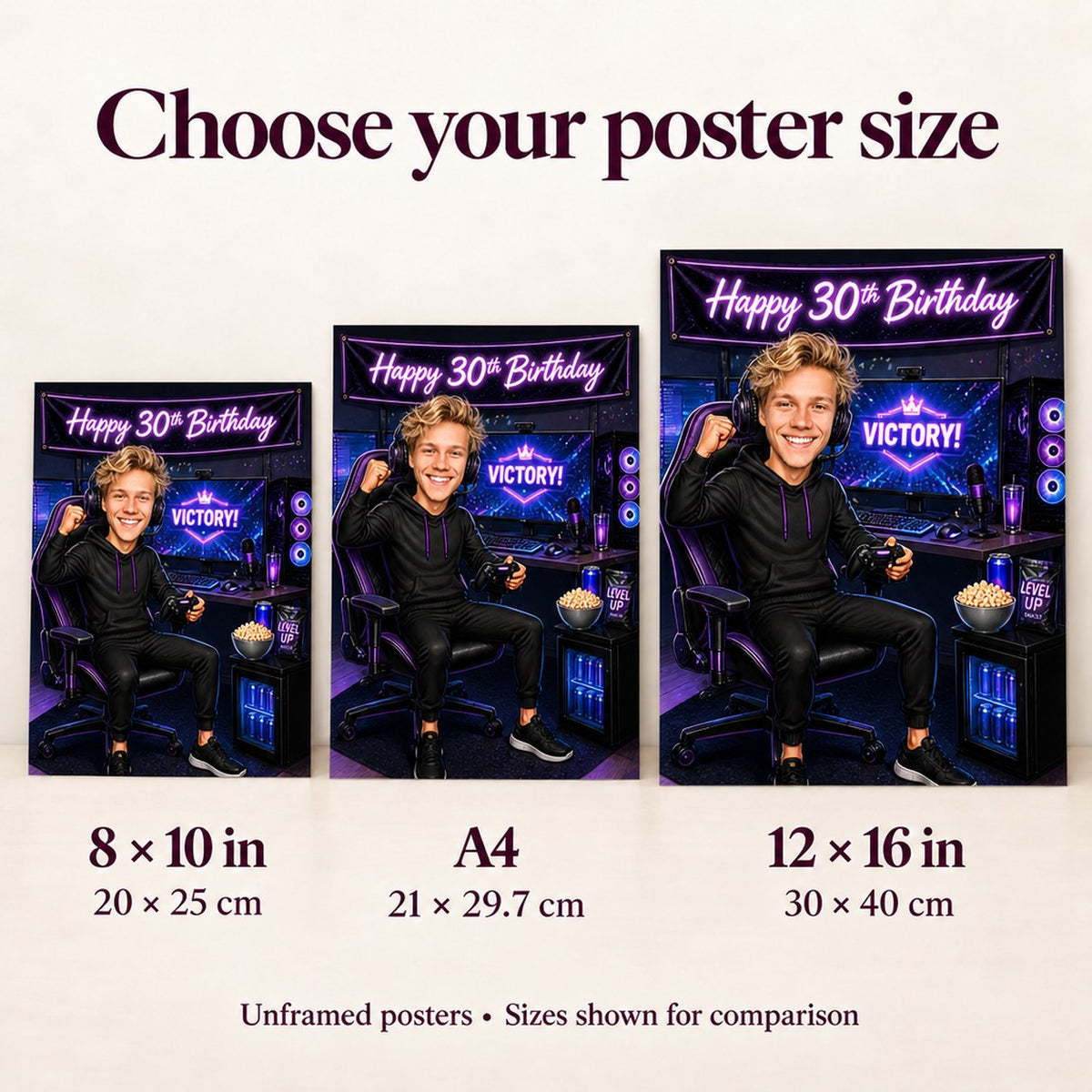 Poster size comparison of 8x10, A4 and 12x16 gamer print on wall