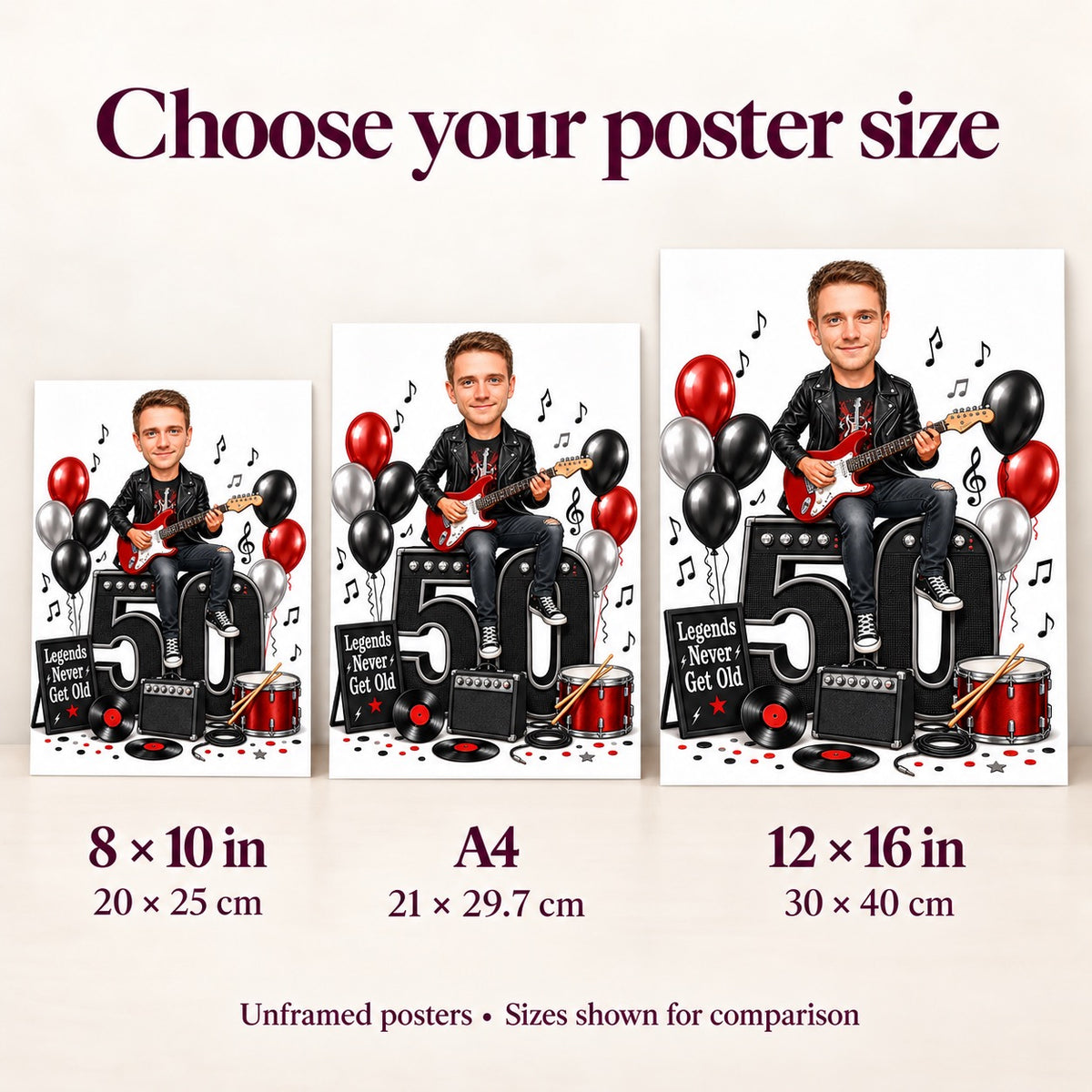 Matte poster size comparison: 8x10, A4, and 12x16 held against wall.