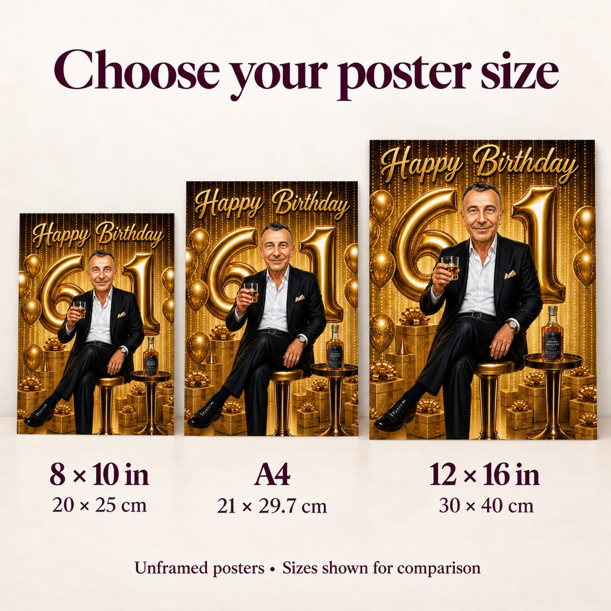 Wall view comparing poster sizes 8x10, A4, and 12x16 above a sofa.