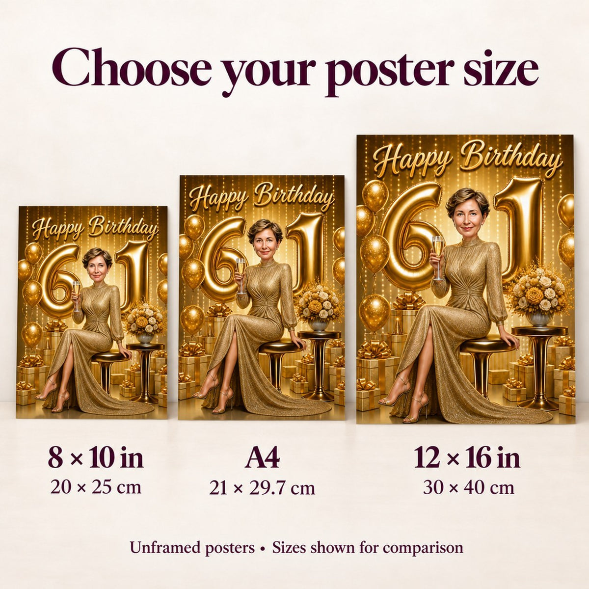 Poster size comparison showing 8x10, A4, and 12x16 inches on a wall.