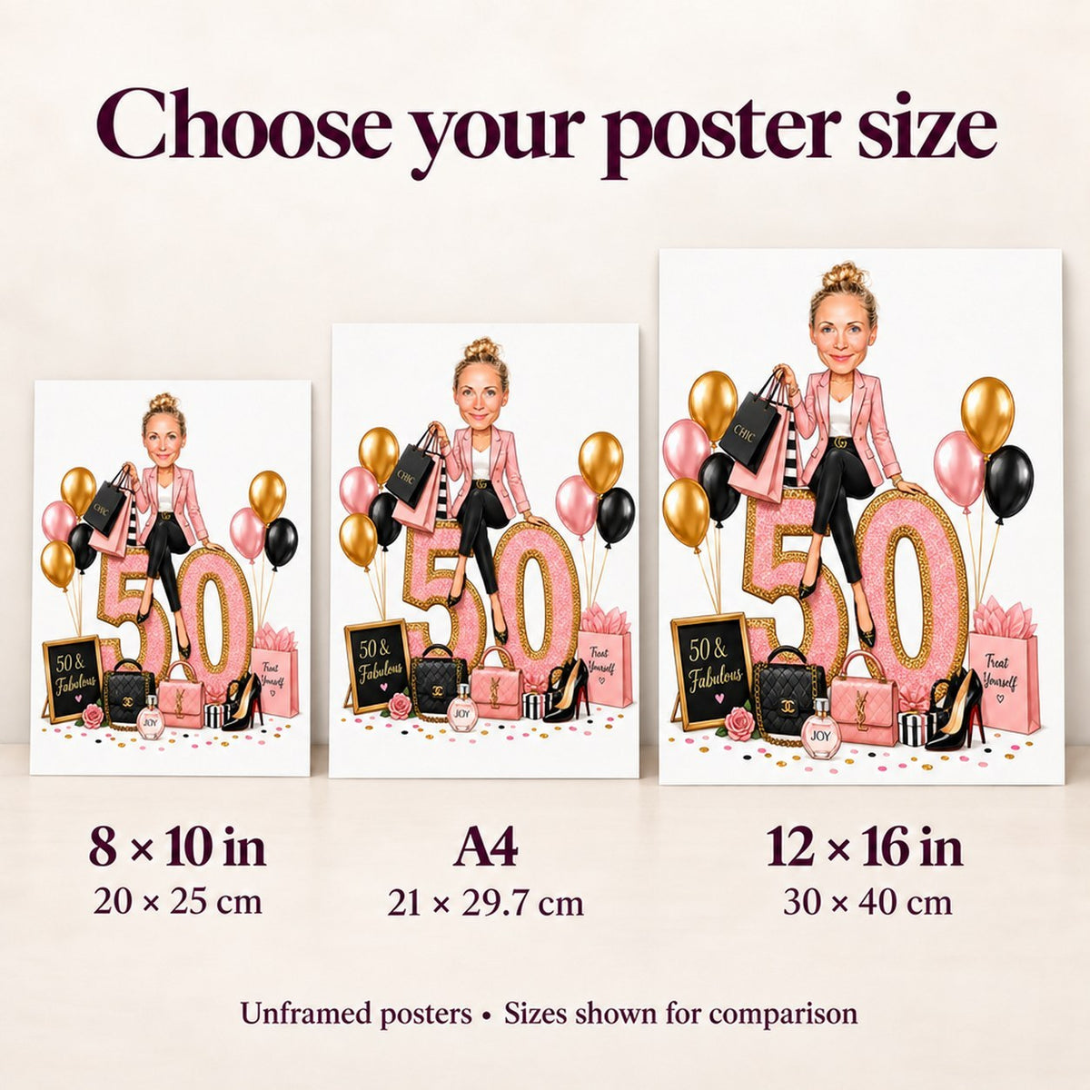 Poster sizes 8x10, A4, and 12x16 shown next to desk and sofa