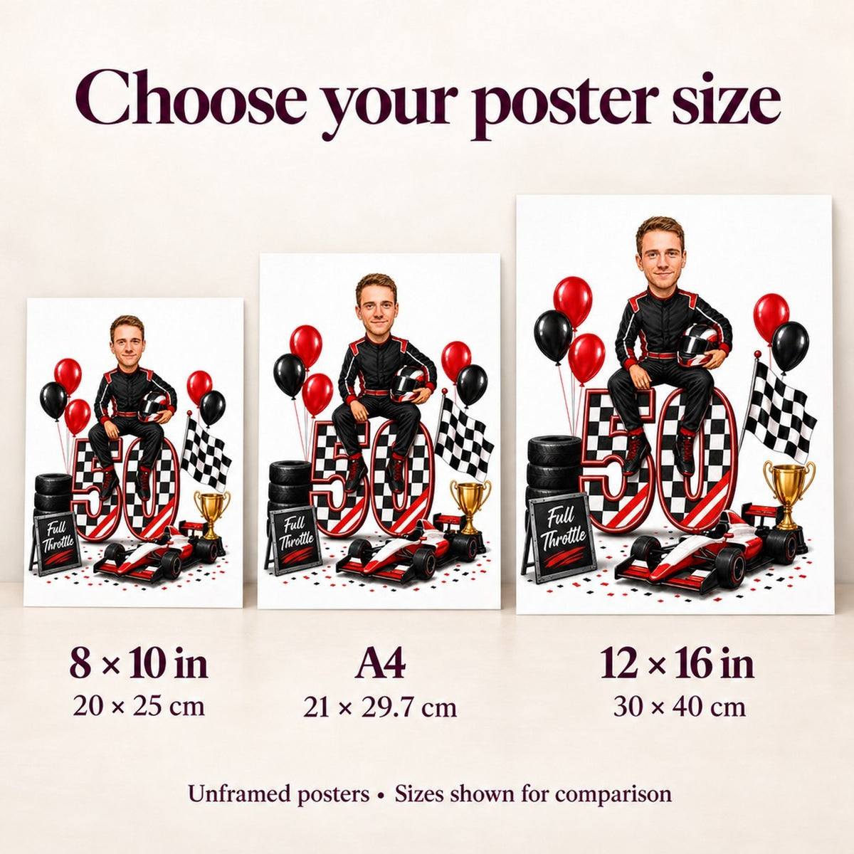 Posters compared in 8x10 inch, A4 and 12x16 inch sizes held side by side.