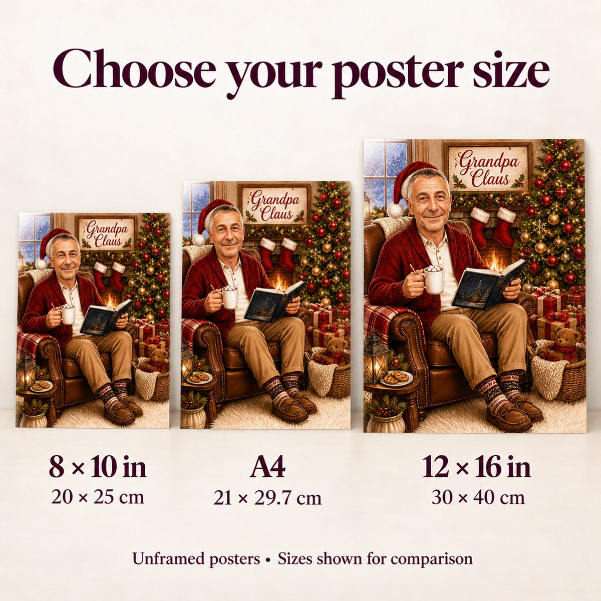 Poster sizes 8x10, A4, and 12x16 shown side by side for scale.