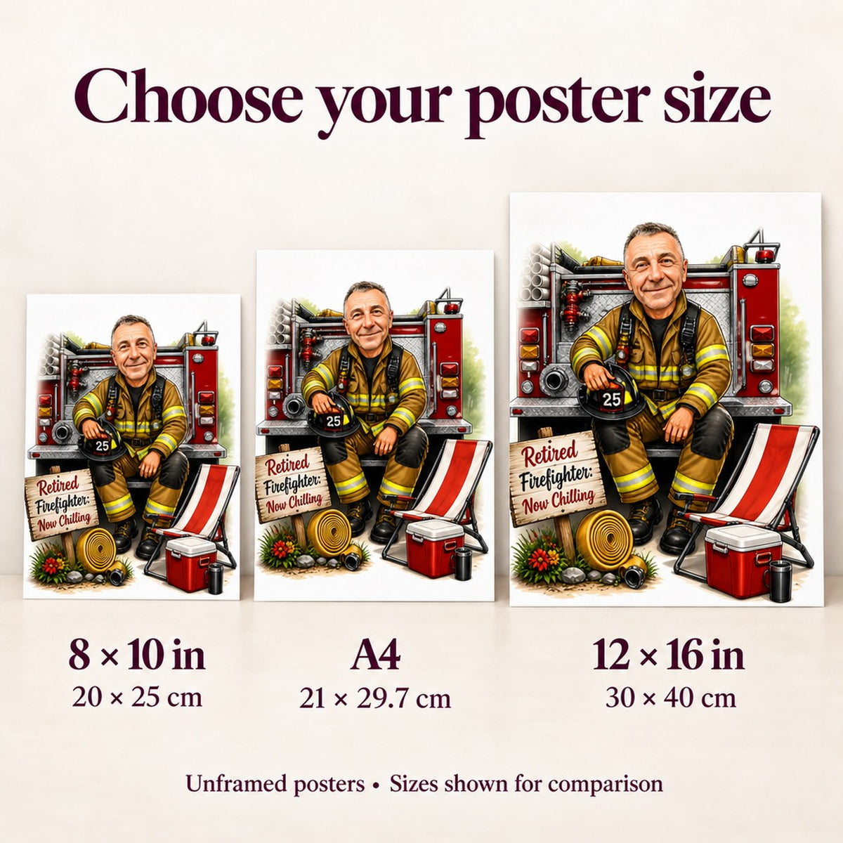 Poster sizes 8x10, A4, and 12x16 compared on a wall above a table.