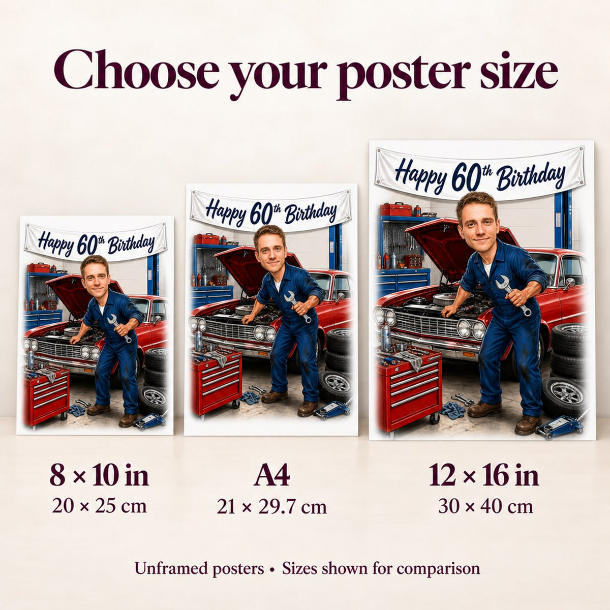 8x10, A4, and 12x16 posters side by side for easy size comparison.